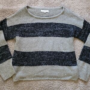 Ann Taylor Loft Size XL Black and Beige Striped Sparkle Sequin Pullover Sweater